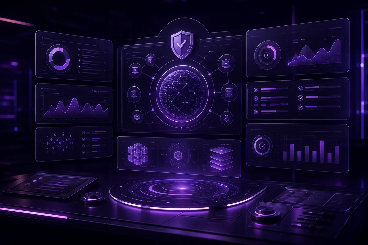 Dark purple application control centre concept showing monitoring, safety, and approval systems
