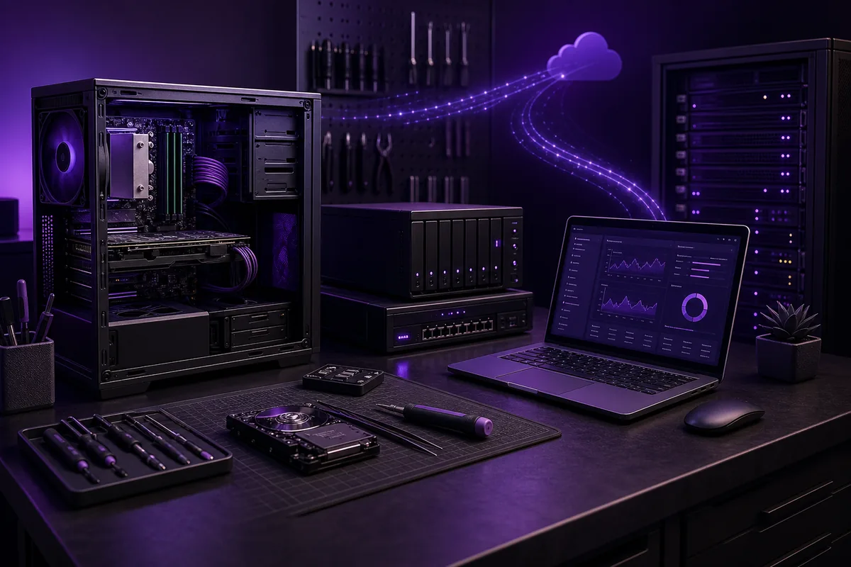 Professional dark purple computer diagnostic bench for remote support and system drop-off service